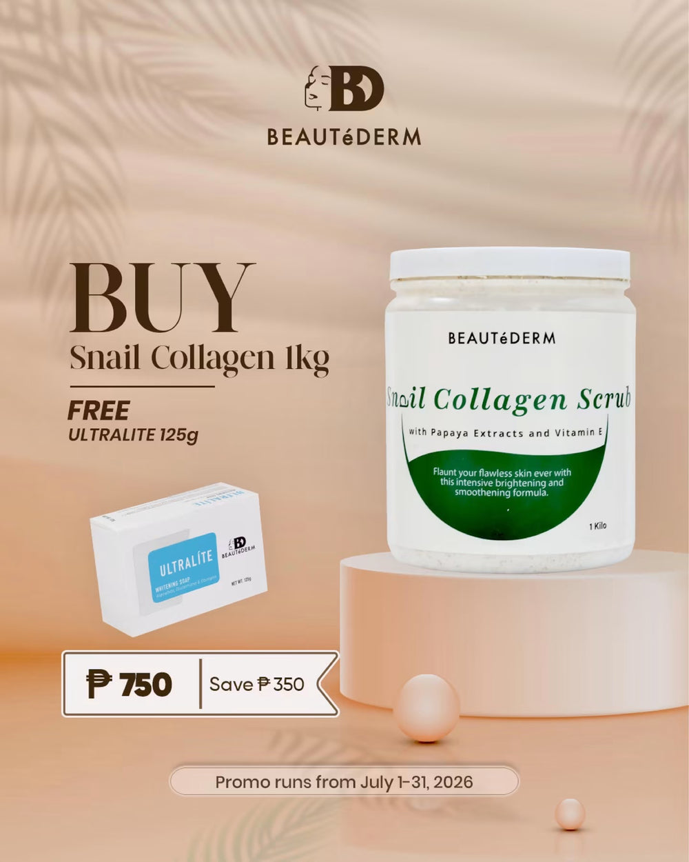 SALE! Snail Collagen Scrub 1kg FREE Ultralite Whitening Soap 125g